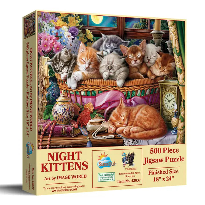 Jigsaw puzzle box featuring kittens in a basket with decorative items.