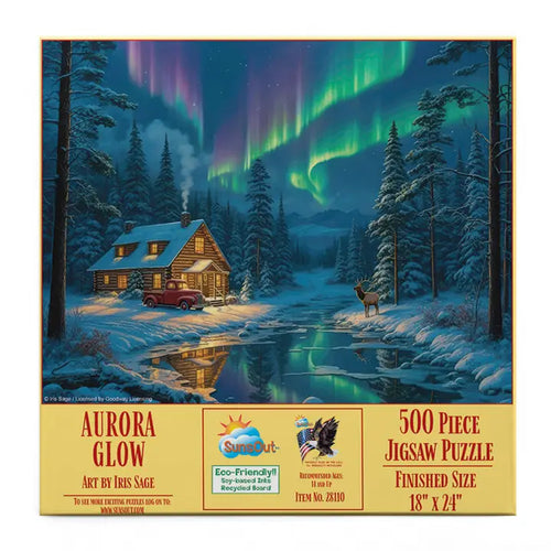Jigsaw puzzle box featuring a scenic winter landscape with a cabin and northern lights.