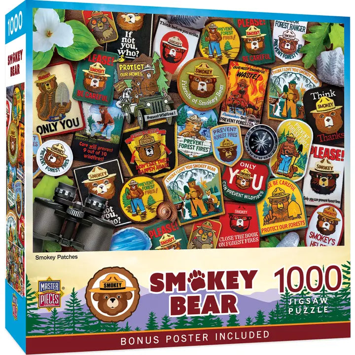 Smokey Bear puzzle box with various patches and promotional text