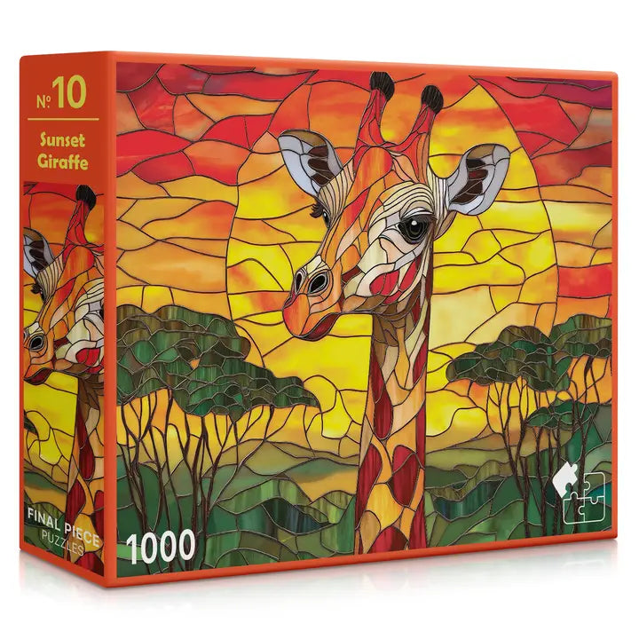Jigsaw puzzle box featuring a colorful illustration of a giraffe and deer against a sunset background.