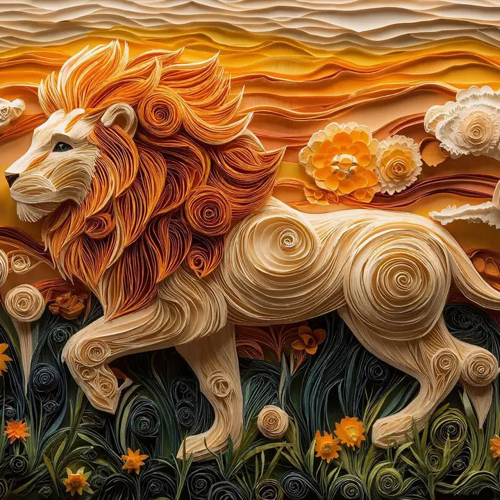 Artistic depiction of a lion with floral elements in a stylized landscape