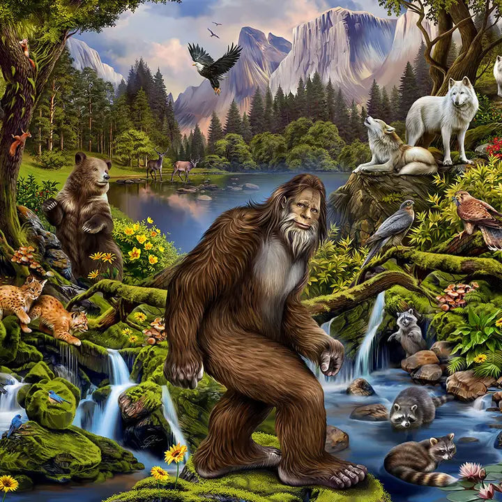 Illustration of a sasquatch in a forest with mountains, animals, and waterfalls.