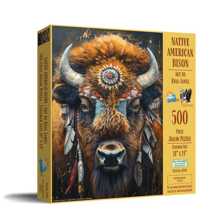 Jigsaw puzzle box featuring a Native American bison with decorative headdress on a white background