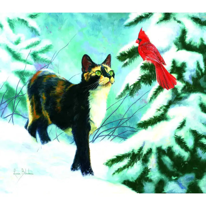 Cat and cardinal in a snowy forest scene