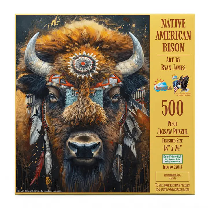 Jigsaw puzzle box featuring a Native American Bison with decorative headdress, brand 'Sunset Art' visible.