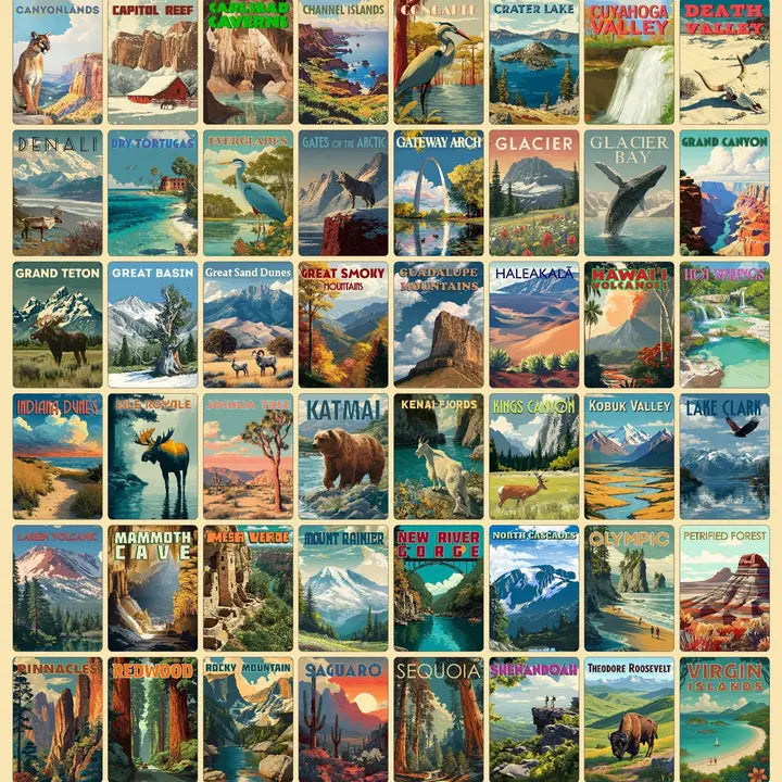 Collage of vintage-style travel posters featuring various national parks and landscapes.