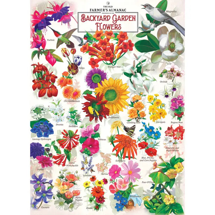 Illustration of various backyard garden flowers with labels, featuring The Old Farmer's Almanac branding.