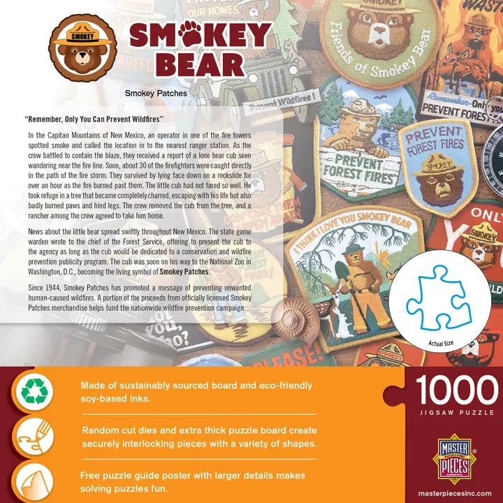 Smokey Bear puzzle packaging with various patches and promotional text.