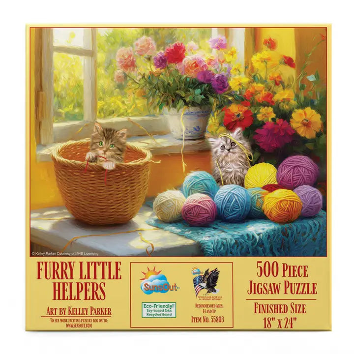 Jigsaw puzzle box featuring two kittens with yarn and flowers, labeled 'Furry Little Helpers'.