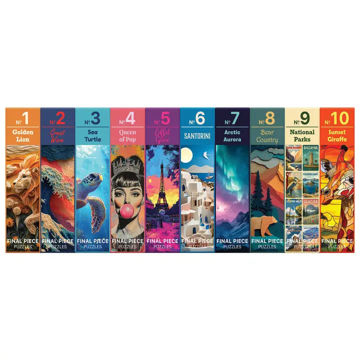 Collection of colorful puzzle boxes with various designs on a white background