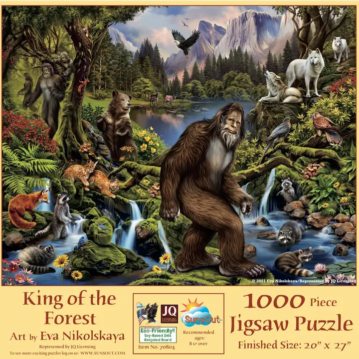 Jigsaw puzzle box featuring a forest scene with animals and 'King of the Forest' text.