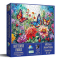 Jigsaw puzzle box with butterflies and flowers design on a white background