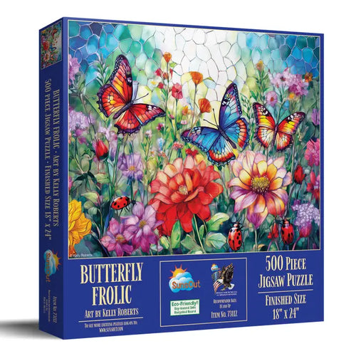Jigsaw puzzle box with butterflies and flowers design on a white background