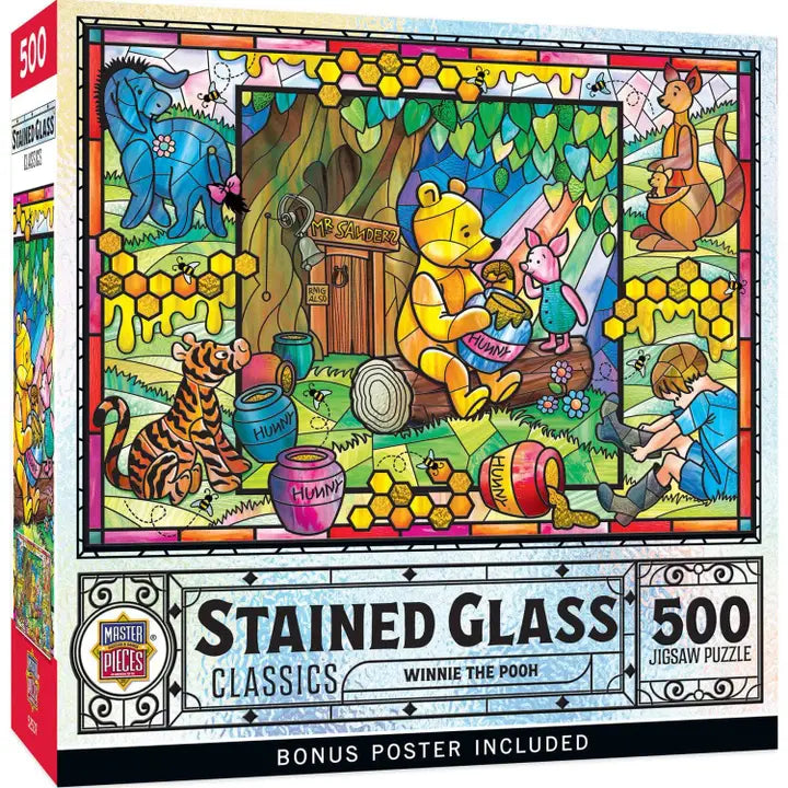 Stained glass-style Winnie the Pooh puzzle box with colorful illustrations and text.