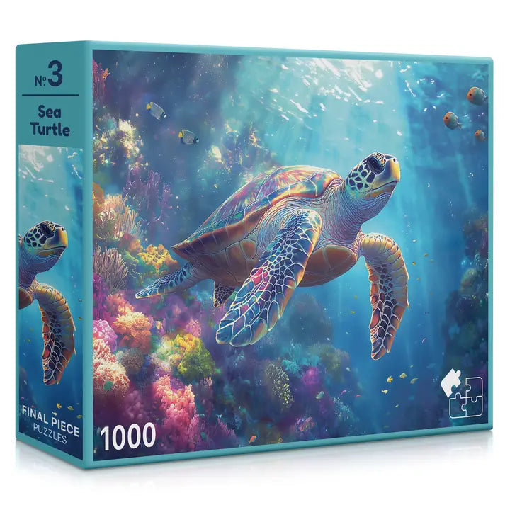 Jigsaw puzzle box featuring a sea turtle underwater scene with colorful coral and fish.