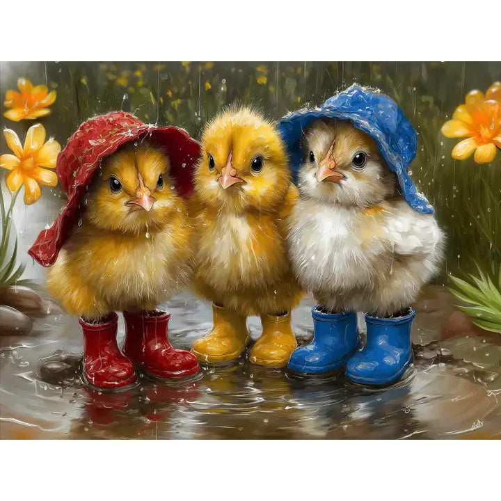 Three baby chicks wearing colorful raincoats and boots in a puddle with flowers in the background.