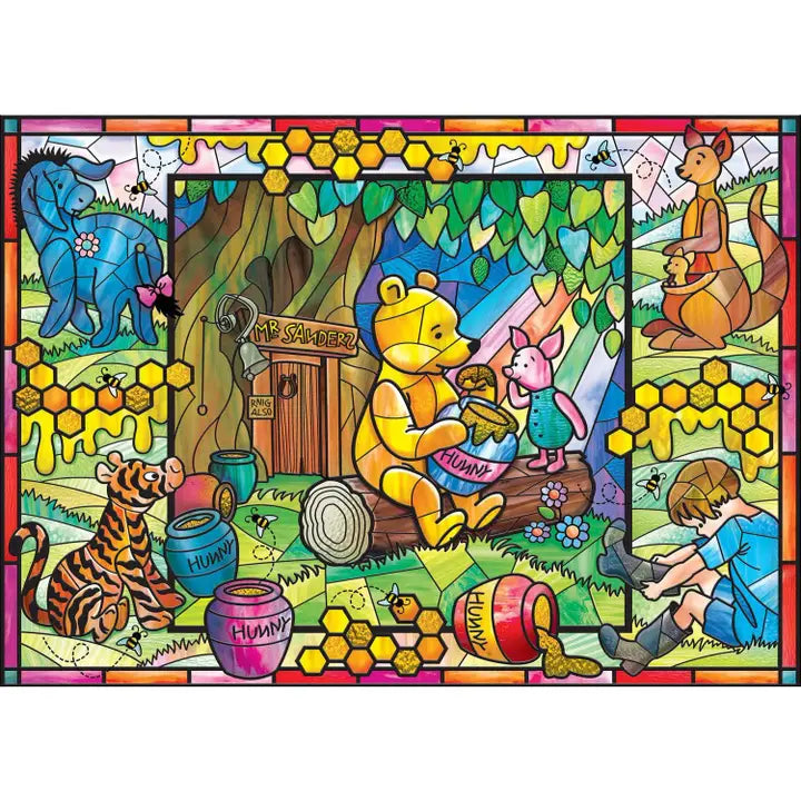 Colorful stained glass-style illustration of Winnie the Pooh and friends with honey pots and a beehive.
