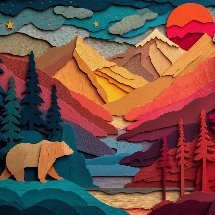 Colorful paper cutout art of a mountain landscape with a bear and trees.