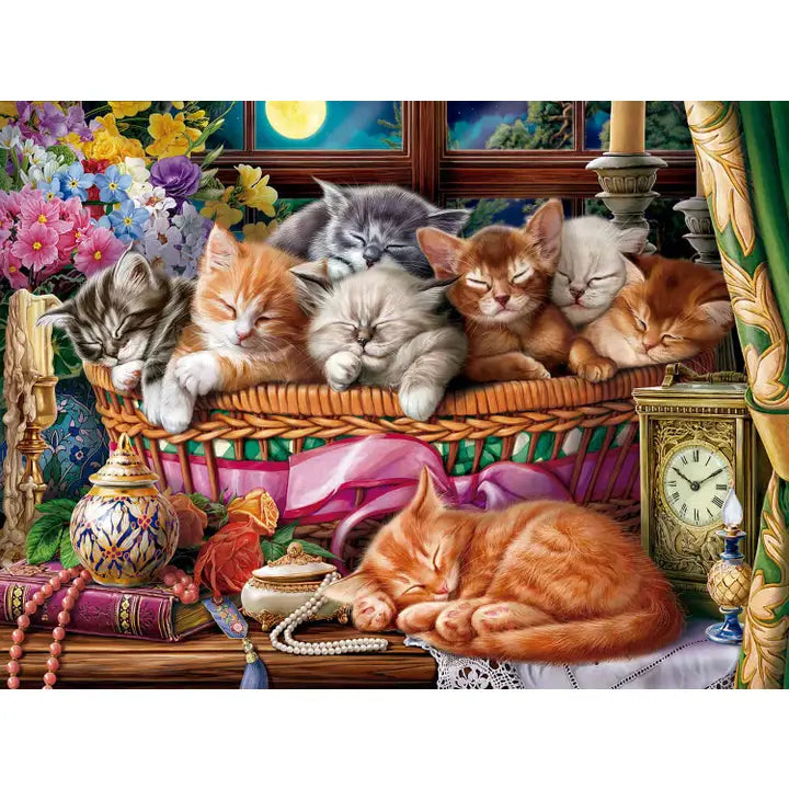Illustration of cats sleeping on a decorative surface with flowers and a clock in the background