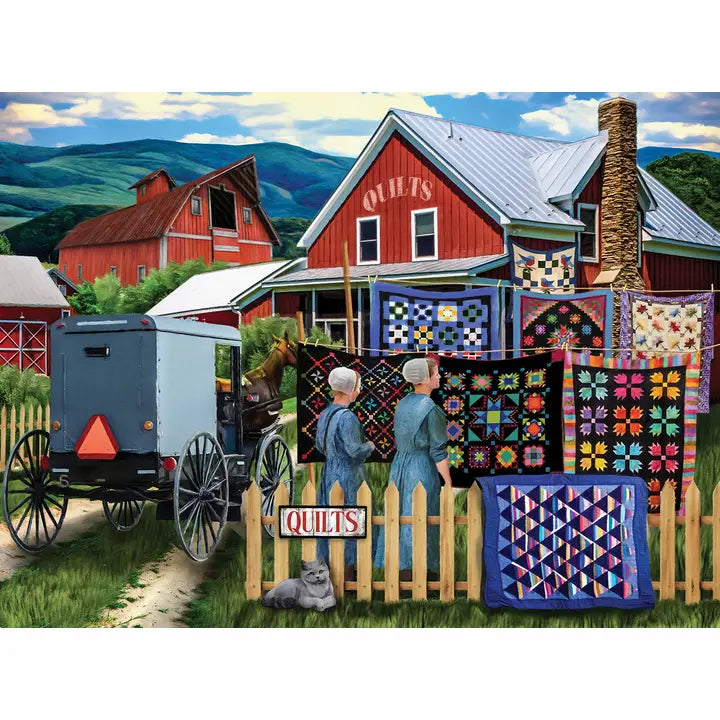 Two people standing next to a fence with quilts hanging, a red barn, and an Amish buggy in the background.