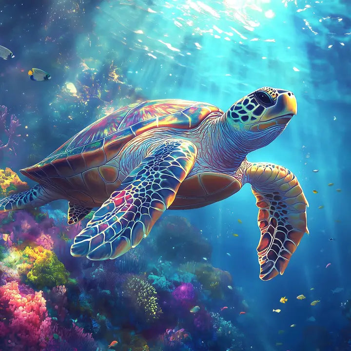 Colorful turtle swimming in an underwater scene with sunlight filtering through water.
