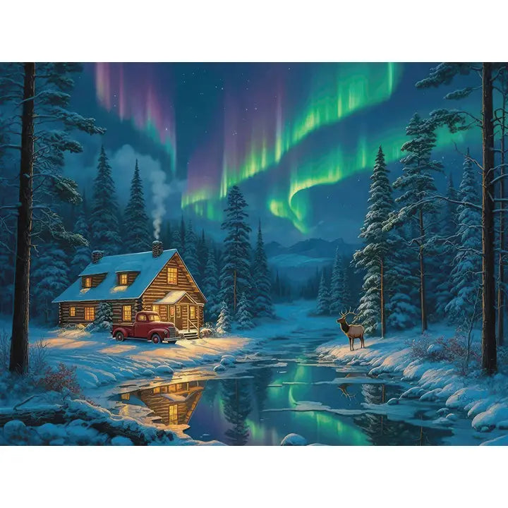 Cabin in a snowy forest with aurora borealis and a deer nearby