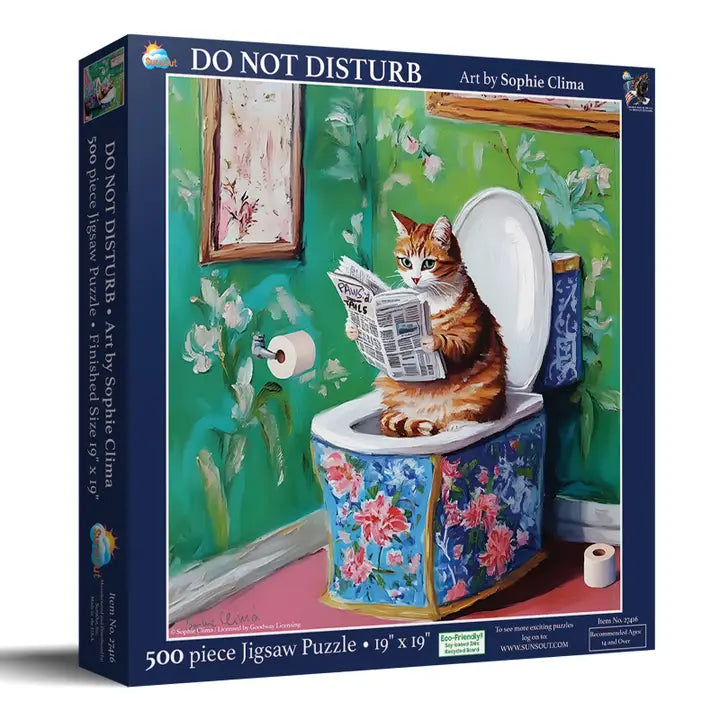 Jigsaw puzzle box featuring a cat reading a newspaper on a floral toilet seat.