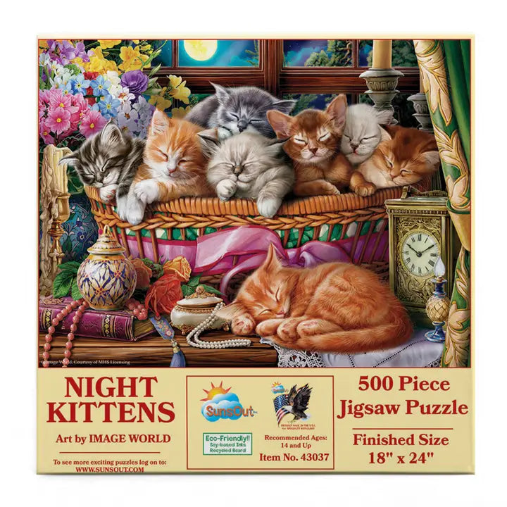 Jigsaw puzzle box featuring a painting of kittens in a basket with decorative elements.