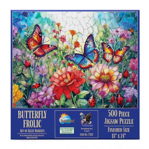 Jigsaw puzzle box with colorful butterflies and flowers design