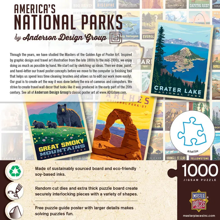 Collage of national park posters with 'America's National Parks' text and Anderson Design Group logo. On back of 1000 piece jigsaw puzzle box.
