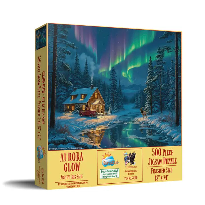 Jigsaw puzzle box featuring a scenic winter landscape with a cabin and aurora borealis.