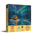 Jigsaw puzzle box featuring a scenic winter landscape with a cabin and aurora borealis.