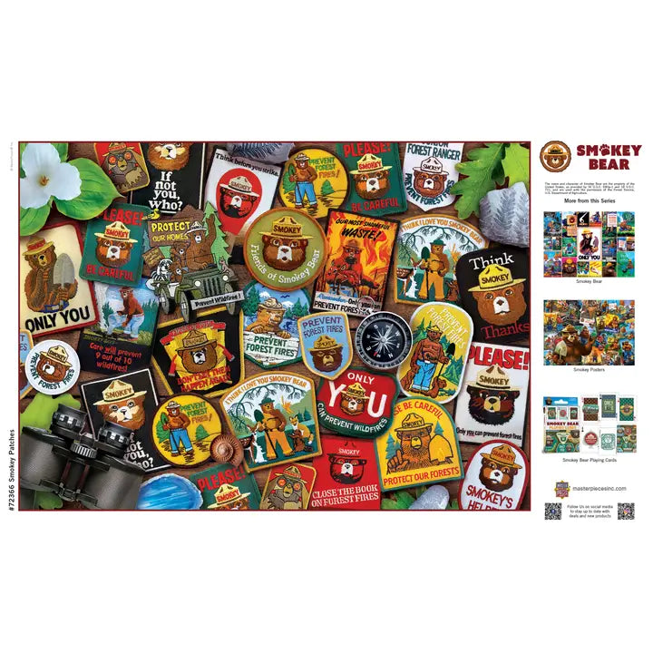 Collection of Smokey Bear-themed stickers and pins on a white background