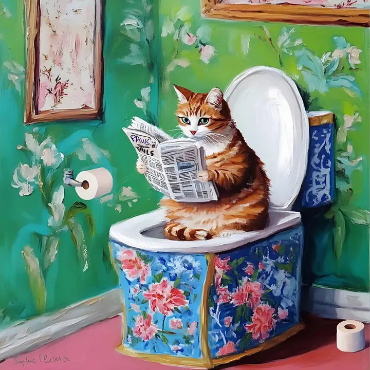 Cat sitting on a floral-patterned toilet reading a newspaper in a bathroom setting.
