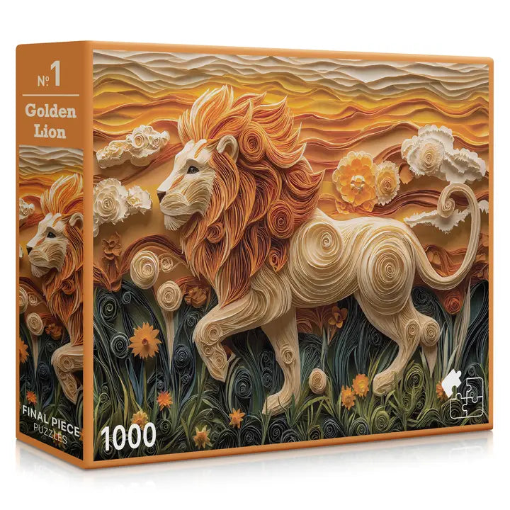 Jigsaw puzzle box featuring a golden lion design with swirling patterns and flowers.