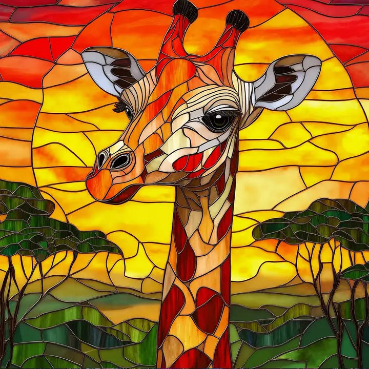 Stained glass artwork of a giraffe with a sunset background