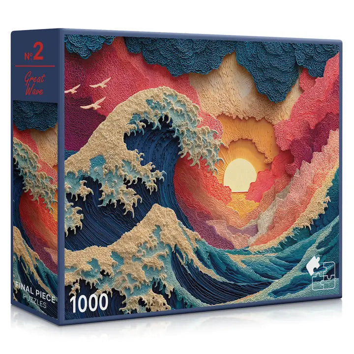 Jigsaw puzzle box with a wave design on a white background