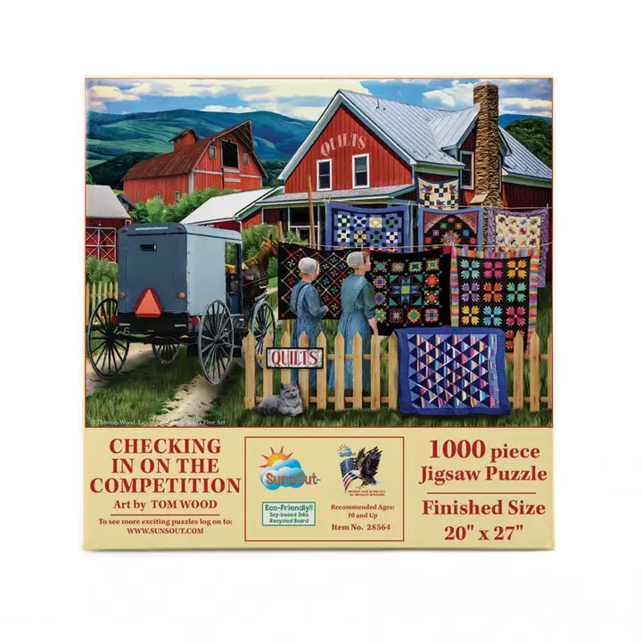 Jigsaw puzzle box featuring a scene with people and quilts, with text about the puzzle details.