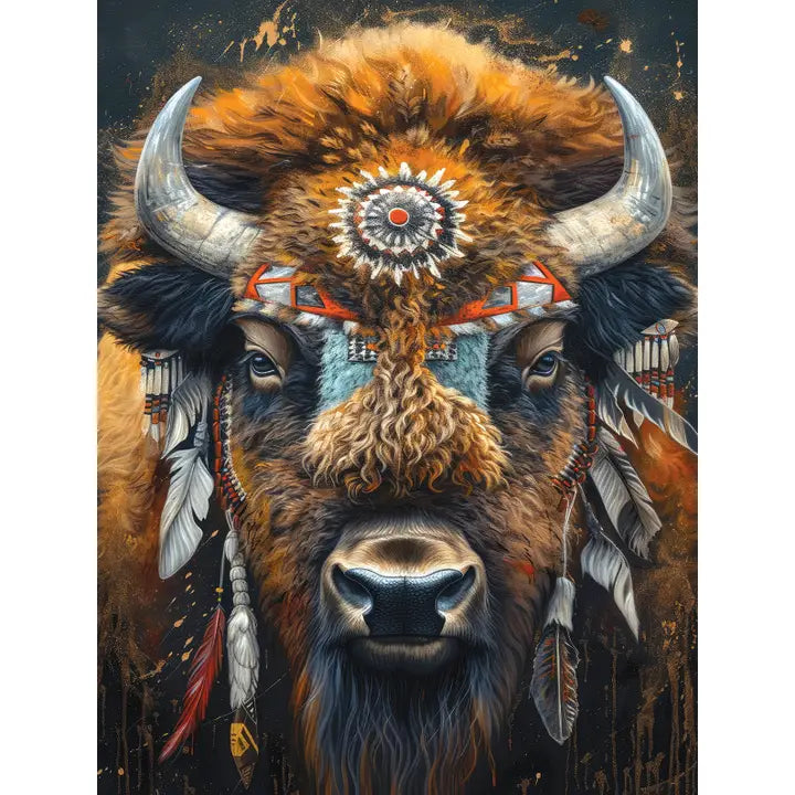 Artistic depiction of a bison with tribal headdress and feathers on a dark background