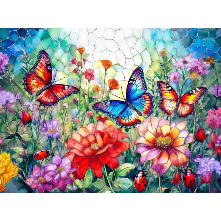 Colorful butterflies and flowers in a garden setting with a stained glass effect.
