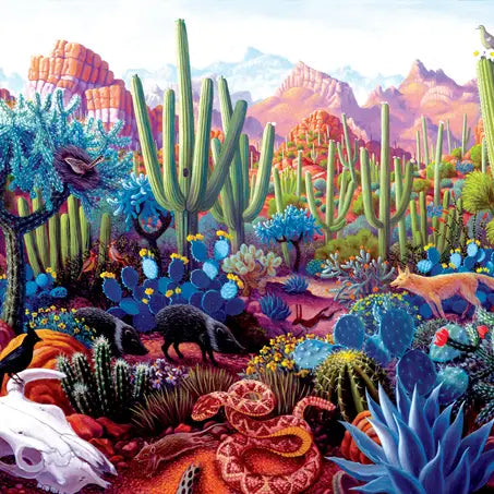 Colorful desert landscape with cacti, animals, and vibrant flora.