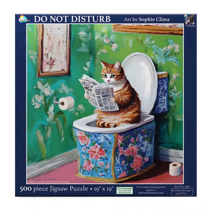 Jigsaw puzzle box featuring a cat on a floral toilet with 'Do Not Disturb' text.