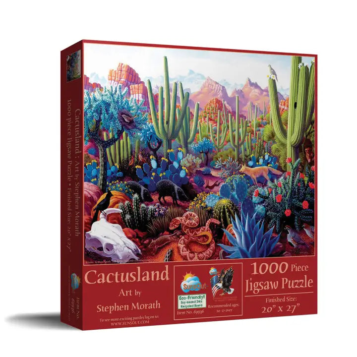 Jigsaw puzzle box featuring a colorful cactus landscape with 'Cactusland' branding.