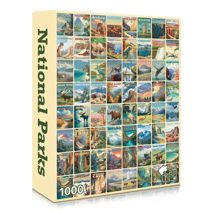 Jigsaw puzzle box featuring images of national parks on a white background