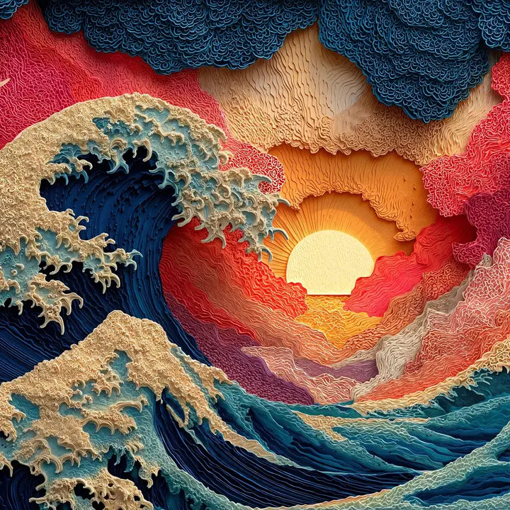 Colorful wave and sunset design with textured surface