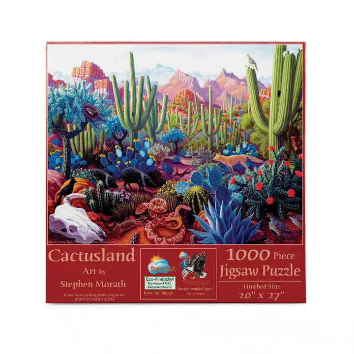 Jigsaw puzzle box featuring a desert landscape with cacti and other plants, labeled 'Cactusland' by Stephen Morath.