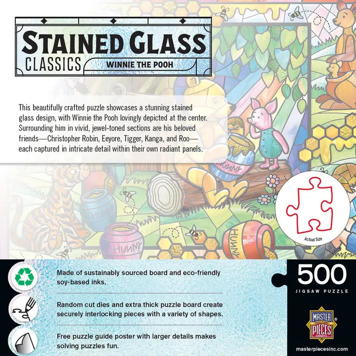 Winnie the Pooh stained glass puzzle packaging with colorful illustration and text.